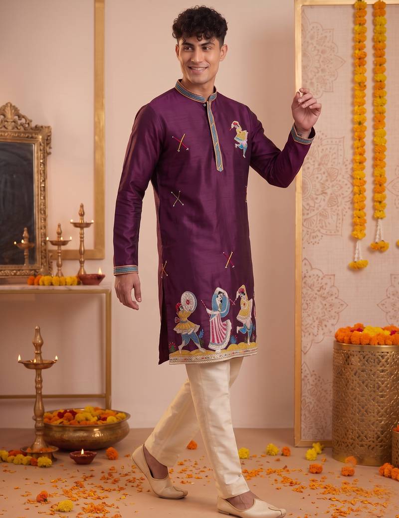 Men multicolor synthetic silk hand work & machine embroidery work navratri kurta set