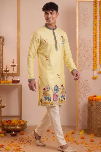 Men multicolor synthetic silk hand work & machine embroidery work navratri kurta set