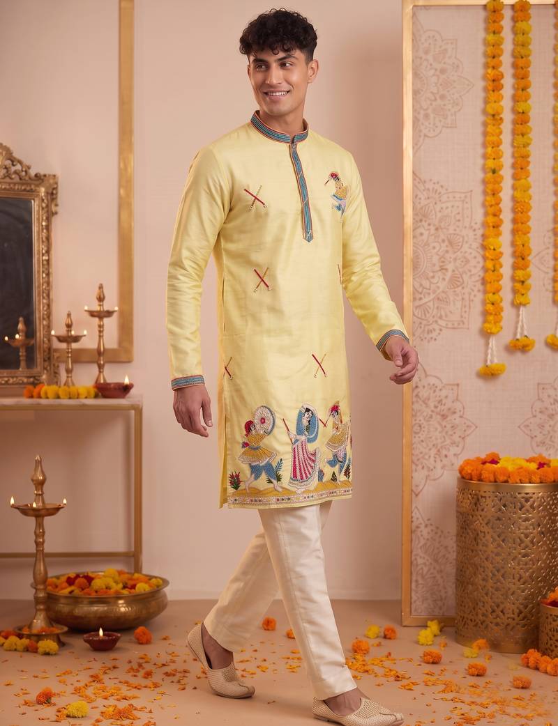 Men multicolor synthetic silk hand work & machine embroidery work navratri kurta set