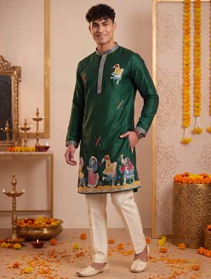 Men multicolor synthetic silk hand work & machine embroidery work navratri kurta set 1