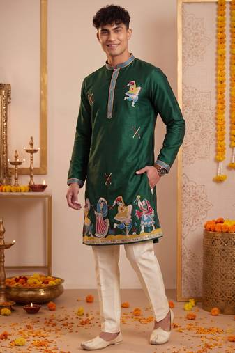 Men multicolor synthetic silk hand work & machine embroidery work navratri kurta set