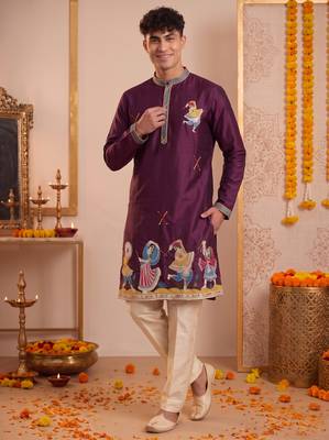 Men multicolor synthetic silk hand work & machine embroidery work navratri kurta set 3