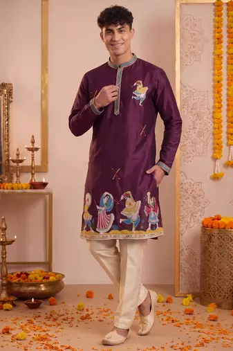Men multicolor synthetic silk hand work & machine embroidery work navratri kurta set