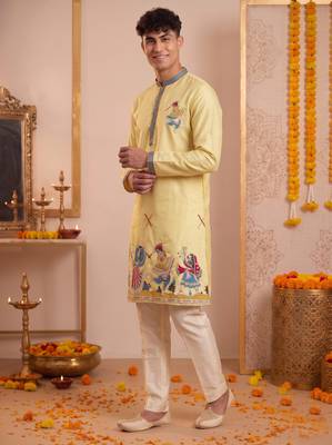Men multicolor synthetic silk hand work & machine embroidery work navratri kurta set 3