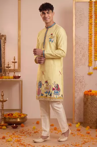 Men multicolor synthetic silk hand work & machine embroidery work navratri kurta set