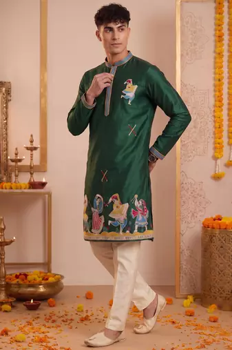 Men multicolor synthetic silk hand work & machine embroidery work navratri kurta set