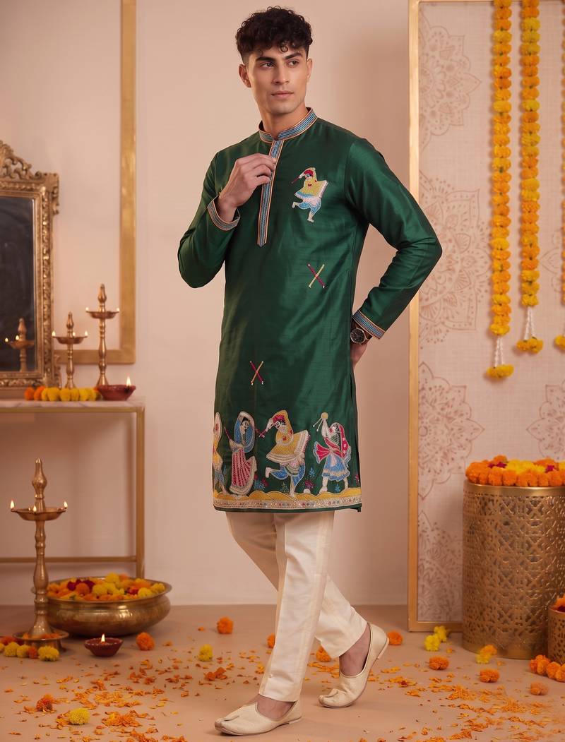 Men multicolor synthetic silk hand work & machine embroidery work navratri kurta set