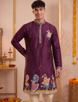 Men multicolor synthetic silk hand work & machine embroidery work navratri kurta set 4