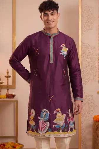 Men multicolor synthetic silk hand work & machine embroidery work navratri kurta set