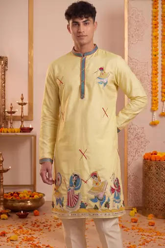 Men multicolor synthetic silk hand work & machine embroidery work navratri kurta set
