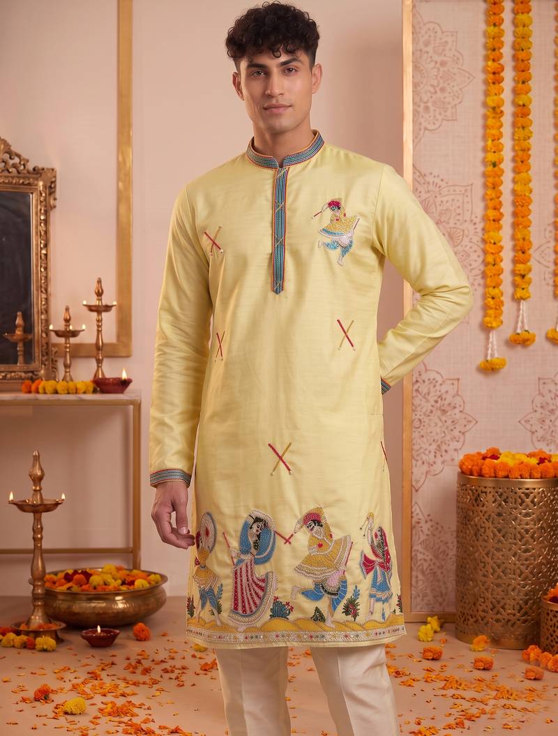 Men multicolor synthetic silk hand work & machine embroidery work navratri kurta set