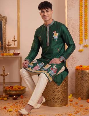 Men multicolor synthetic silk hand work & machine embroidery work navratri kurta set 3
