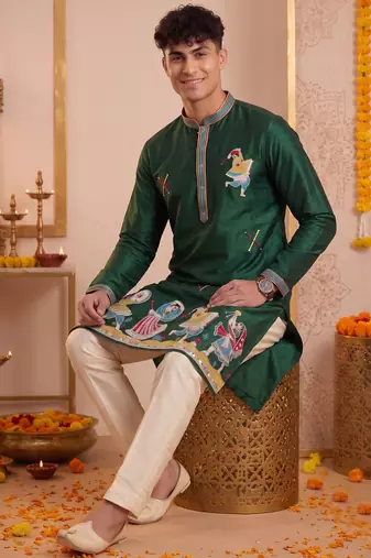Men multicolor synthetic silk hand work & machine embroidery work navratri kurta set