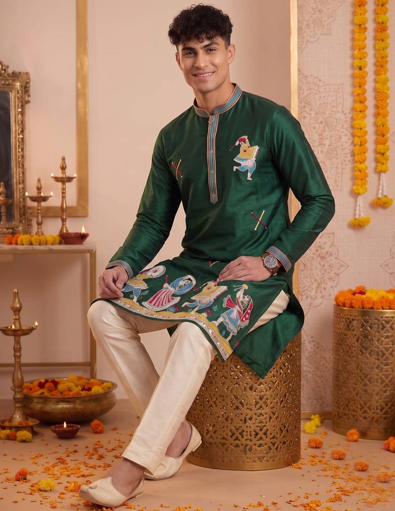Men multicolor synthetic silk hand work & machine embroidery work navratri kurta set