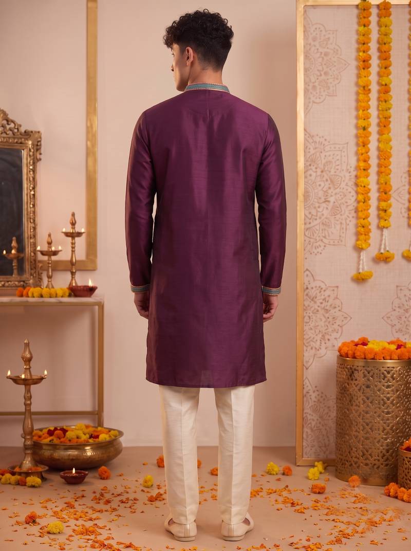 Men multicolor synthetic silk hand work & machine embroidery work navratri kurta set