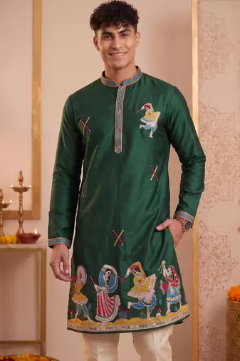 Men multicolor synthetic silk hand work & machine embroidery work navratri kurta set