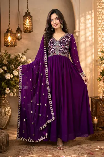Purple georgette embroidered gown suit  with designer dupatta