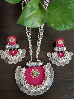  handcrafted rani pink silver coin & kundan necklace set 1