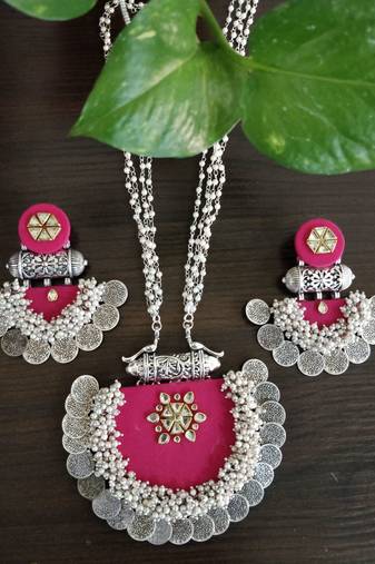 handcrafted rani pink silver coin & kundan necklace set