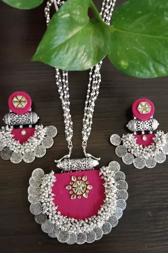  handcrafted rani pink silver coin & kundan necklace set