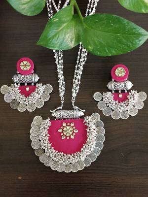  handcrafted rani pink silver coin & kundan necklace set 2