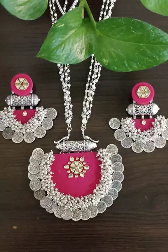  handcrafted rani pink silver coin & kundan necklace set