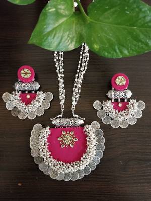  handcrafted rani pink silver coin & kundan necklace set 3