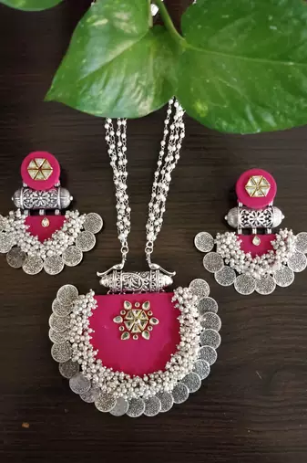  handcrafted rani pink silver coin & kundan necklace set