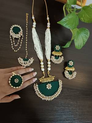  handcrafted dark green fabric long necklace bridal/festive jewellery set 1