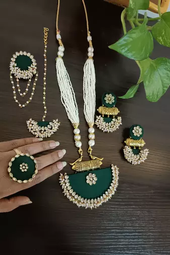  handcrafted dark green fabric long necklace bridal/festive jewellery set