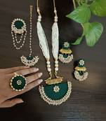  handcrafted dark green fabric long necklace bridal/festive jewellery set