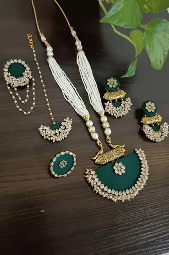  handcrafted dark green fabric long necklace bridal/festive jewellery set