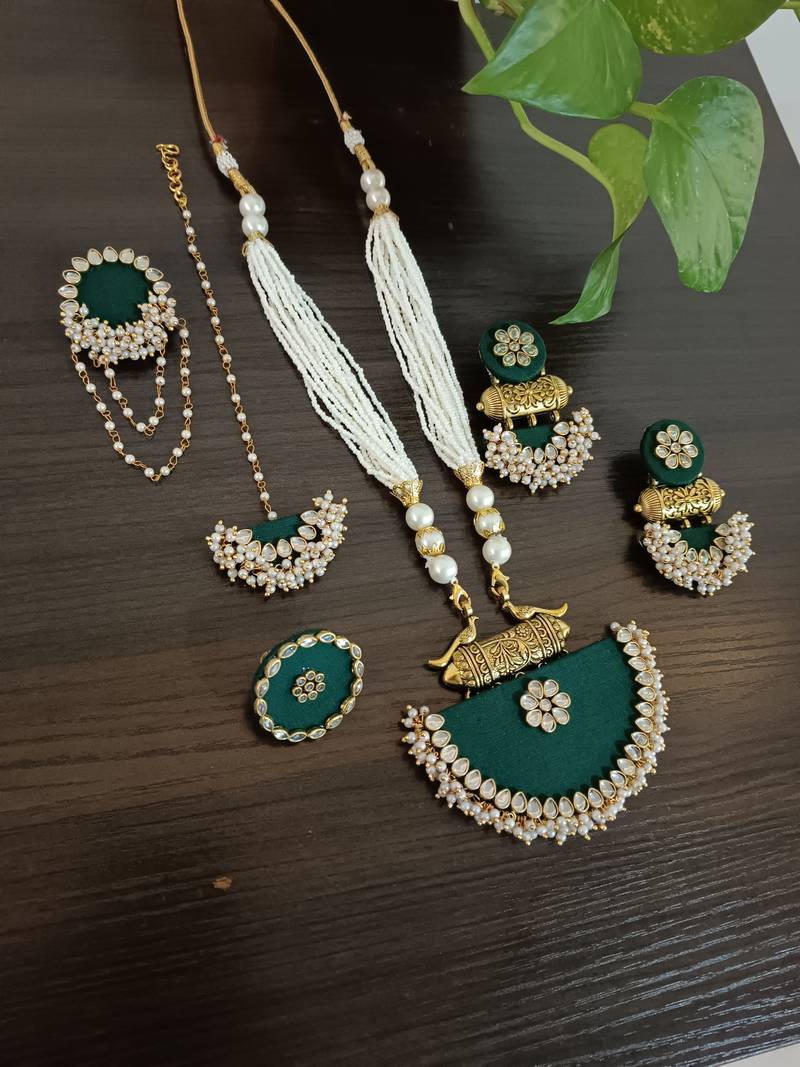  handcrafted dark green fabric long necklace bridal/festive jewellery set