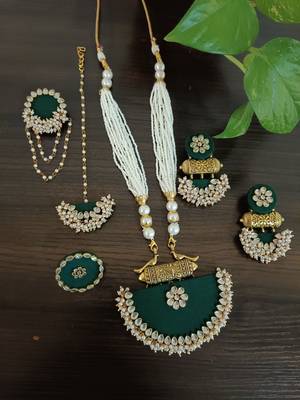  handcrafted dark green fabric long necklace bridal/festive jewellery set 3