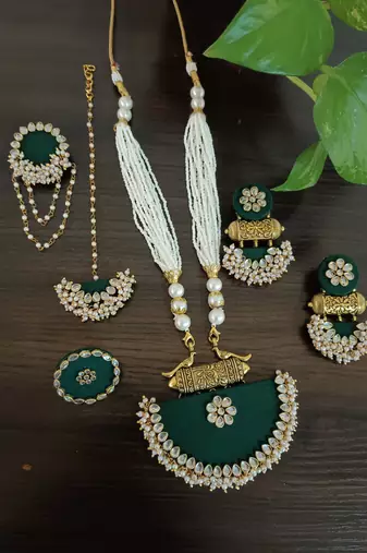  handcrafted dark green fabric long necklace bridal/festive jewellery set