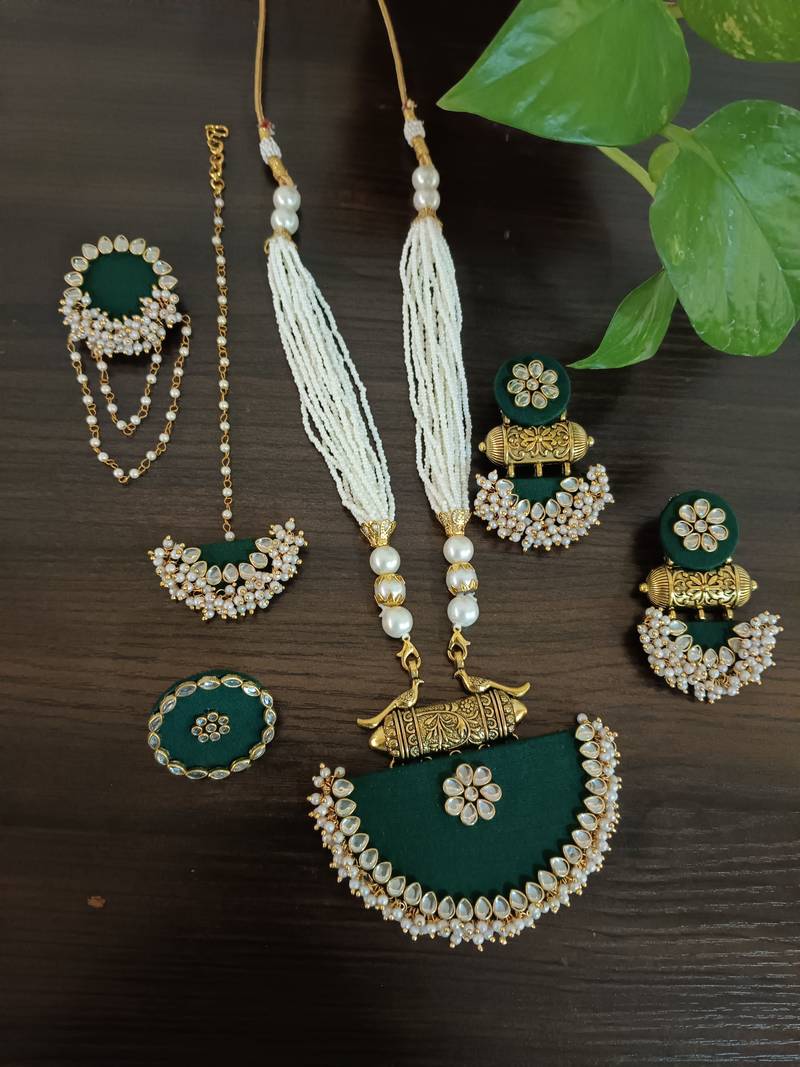  handcrafted dark green fabric long necklace bridal/festive jewellery set