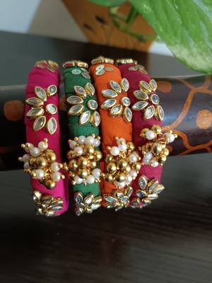  multicolour handcrafted fabric kundan & ghugri bangles (set of 4) 1