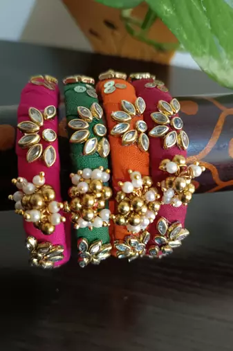  multicolour handcrafted fabric kundan & ghugri bangles (set of 4)