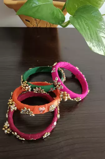  multicolour handcrafted fabric kundan & ghugri bangles (set of 4)
