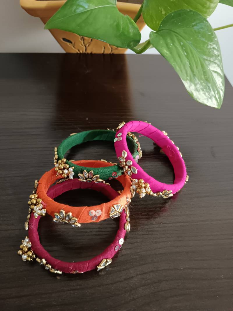  multicolour handcrafted fabric kundan & ghugri bangles (set of 4)