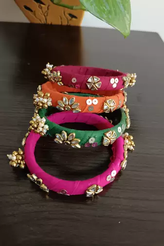  multicolour handcrafted fabric kundan & ghugri bangles (set of 4)