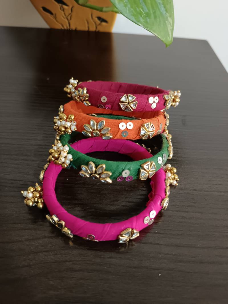  multicolour handcrafted fabric kundan & ghugri bangles (set of 4)