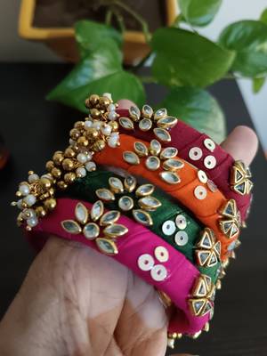  multicolour handcrafted fabric kundan & ghugri bangles (set of 4) 4