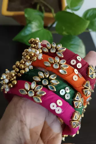  multicolour handcrafted fabric kundan & ghugri bangles (set of 4)