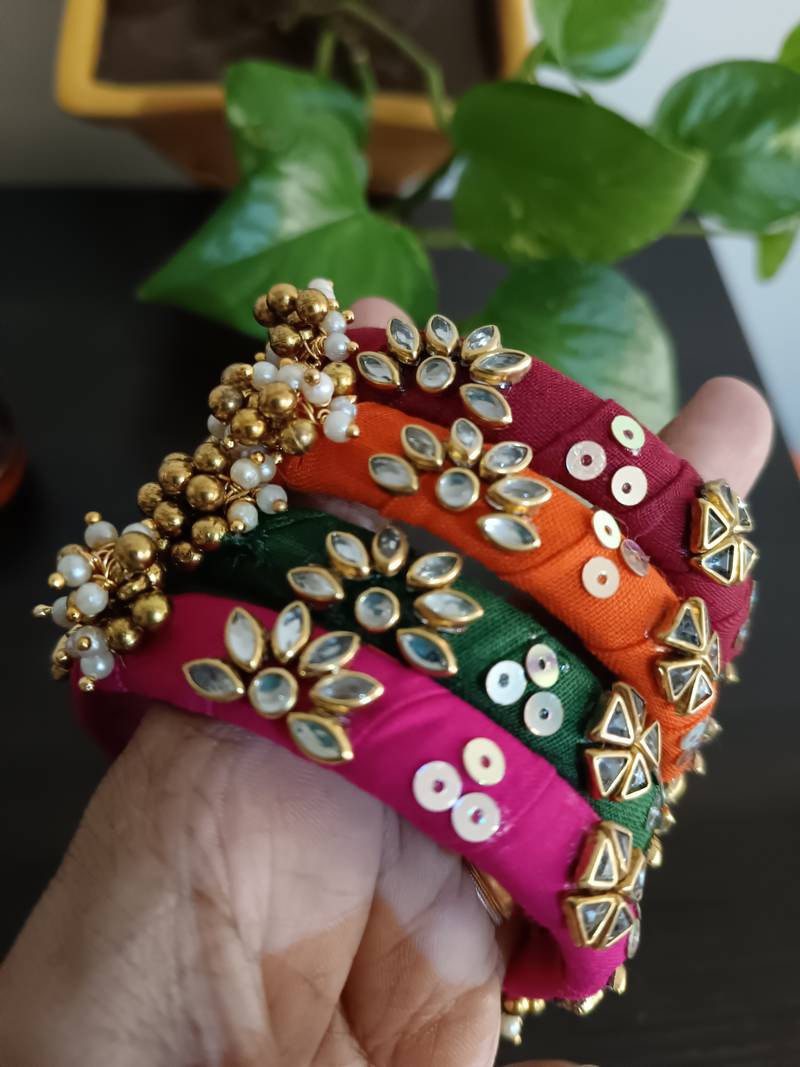  multicolour handcrafted fabric kundan & ghugri bangles (set of 4)