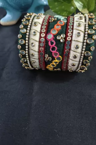  handcrafted kundan & mirror work thread bangle set