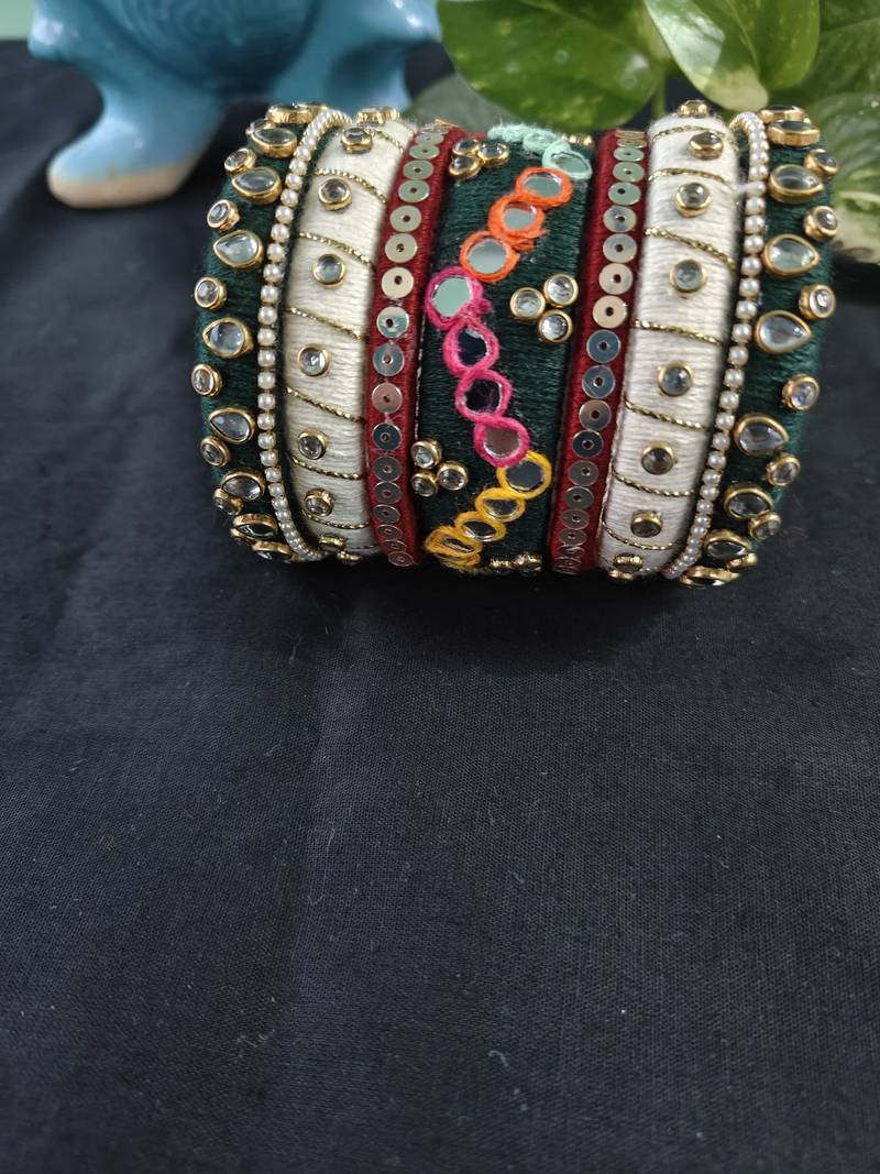  handcrafted kundan & mirror work thread bangle set