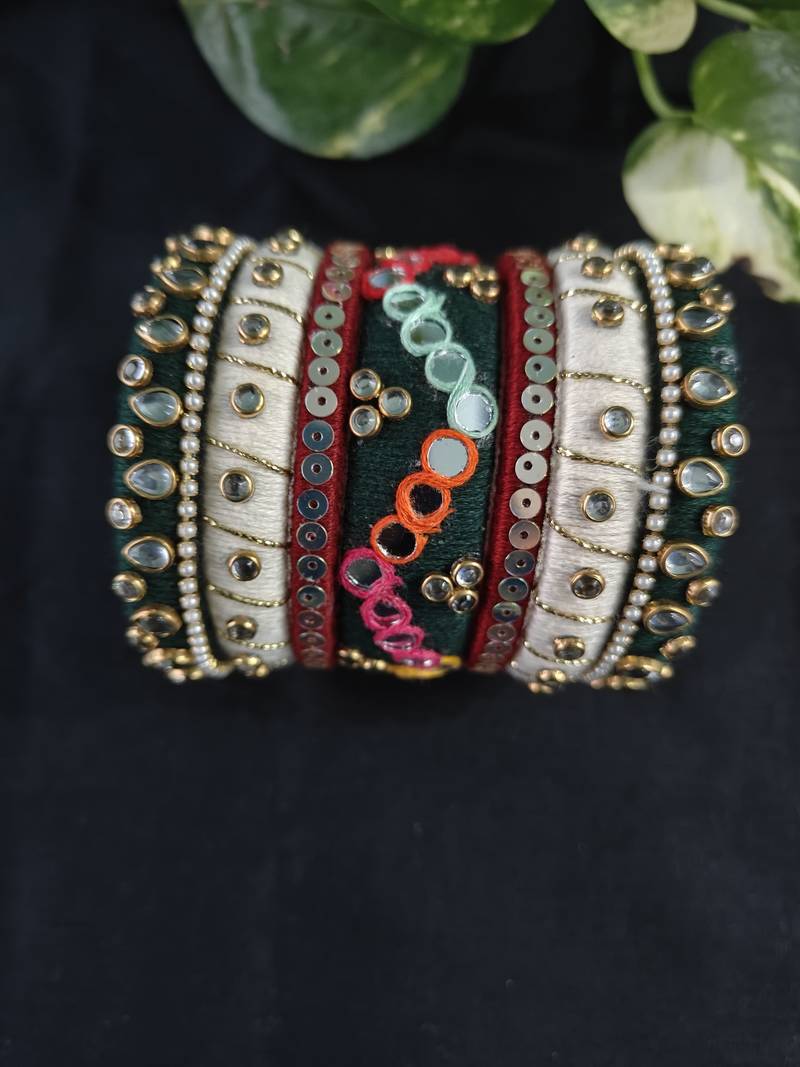  handcrafted kundan & mirror work thread bangle set