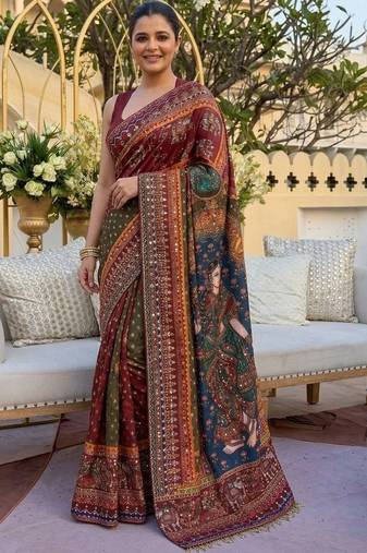 Ethnic Motif Mirror work silk blend saree With Blouse