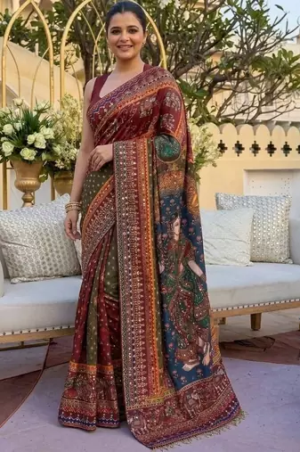 Ethnic Motif Mirror work silk blend saree With Blouse